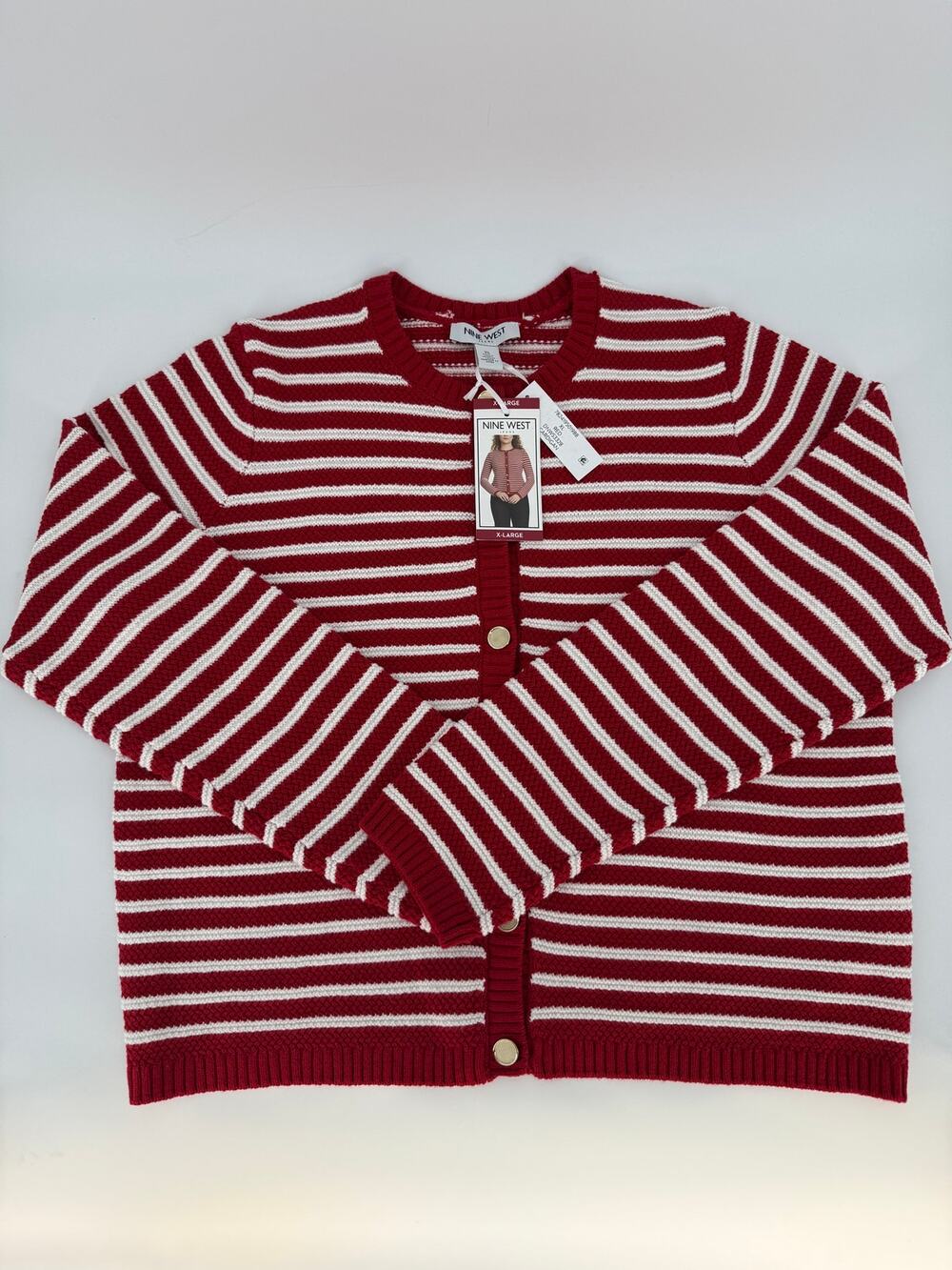 Nine West Jeans Cardigan Womens XL Red White Striped Gold Button NWT